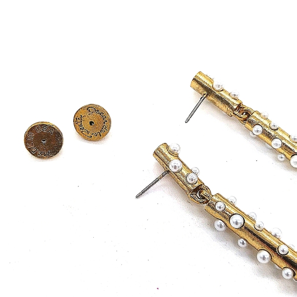 18K Gold plated Oscar De La Renta Glass Pearl Drop Dangle Bar Pillar Earrings - Picture 4 of 5